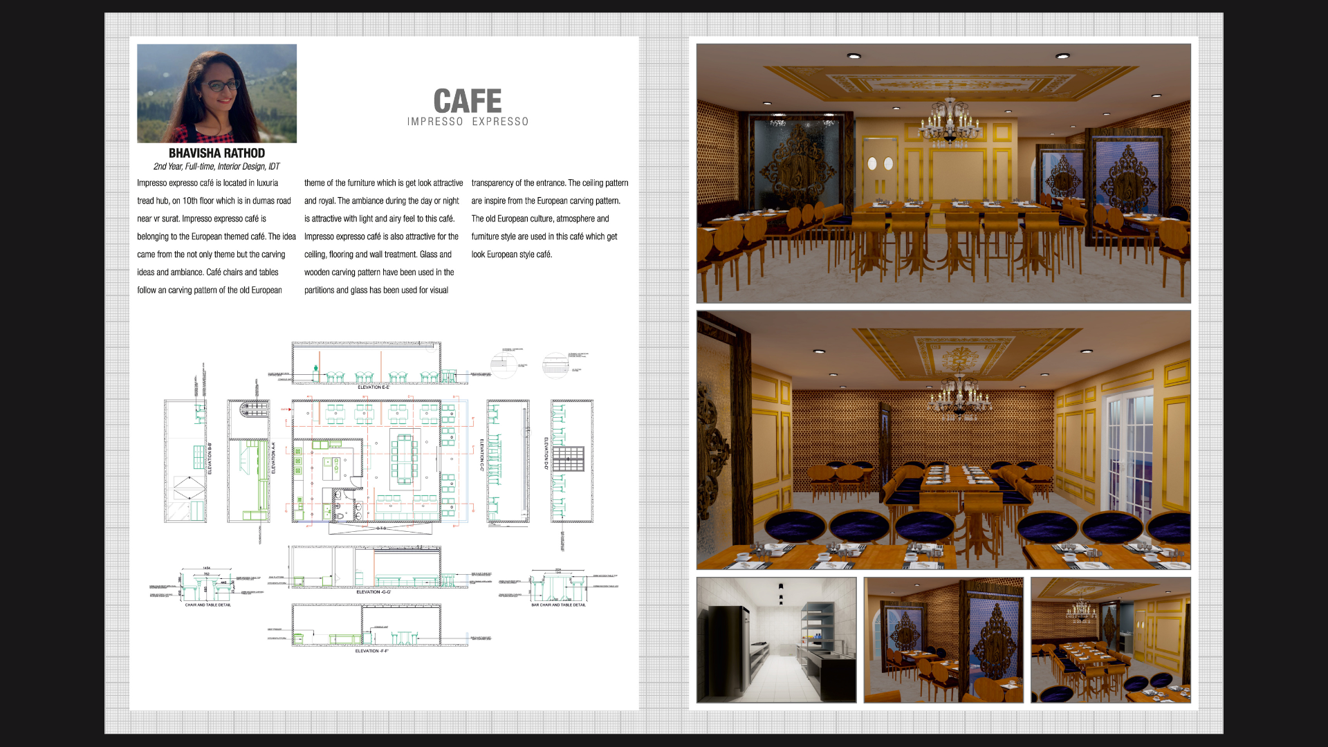 Student cafe interior project with plan and rendered views